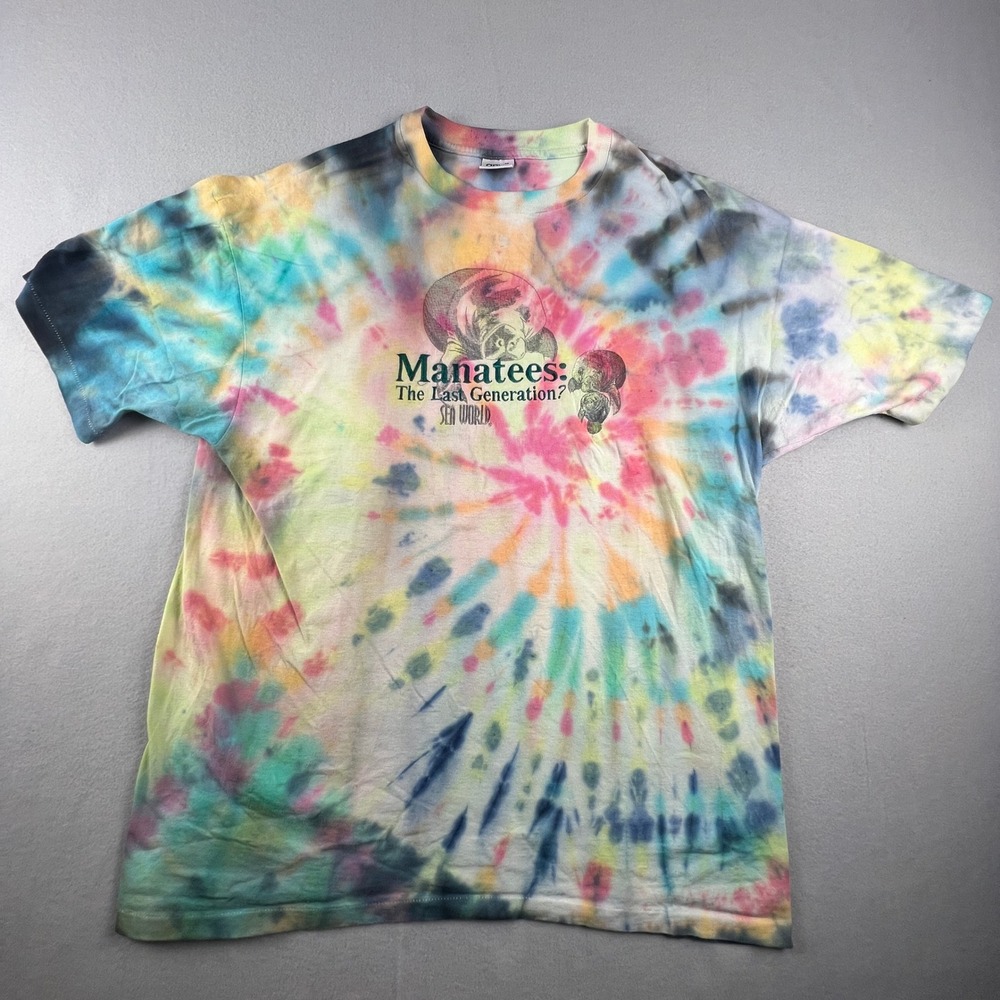 Anvil Sea World T-Shirt Mens 2X Multicolor Tie Dye Manatee Single Stitch Vintage